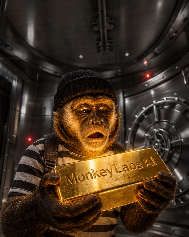 Mono Monkey Labs sosteniendo un lingote de oro con la marca grabada