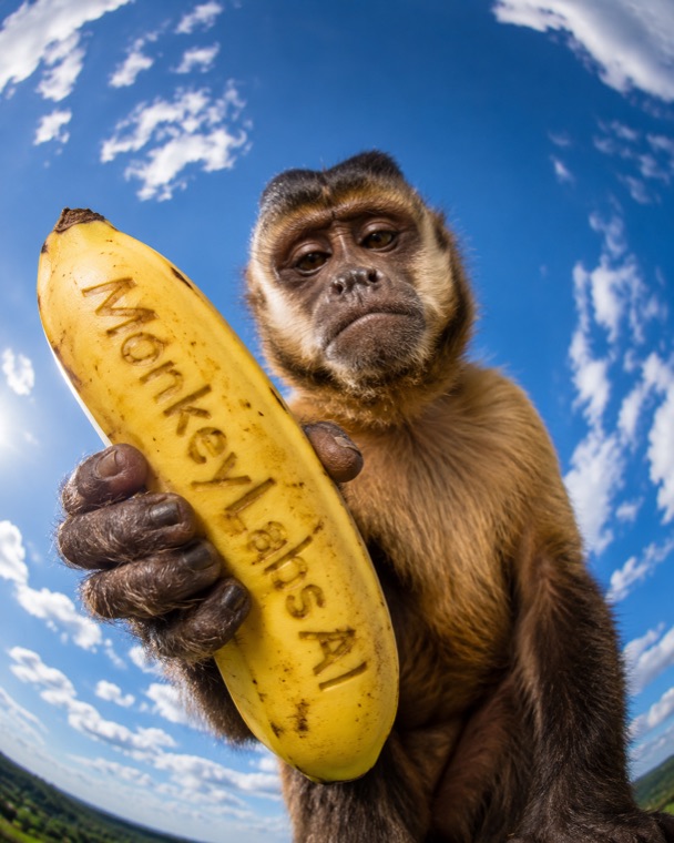Mono Monkey Labs sosteniendo una banana con la marca grabada