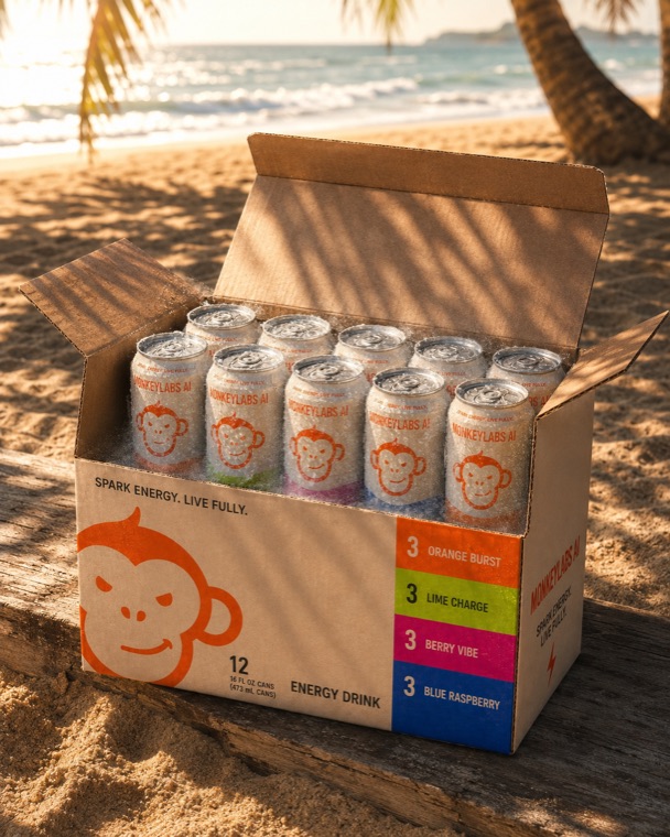 Caja de bebidas Monkey Labs AI en la playa