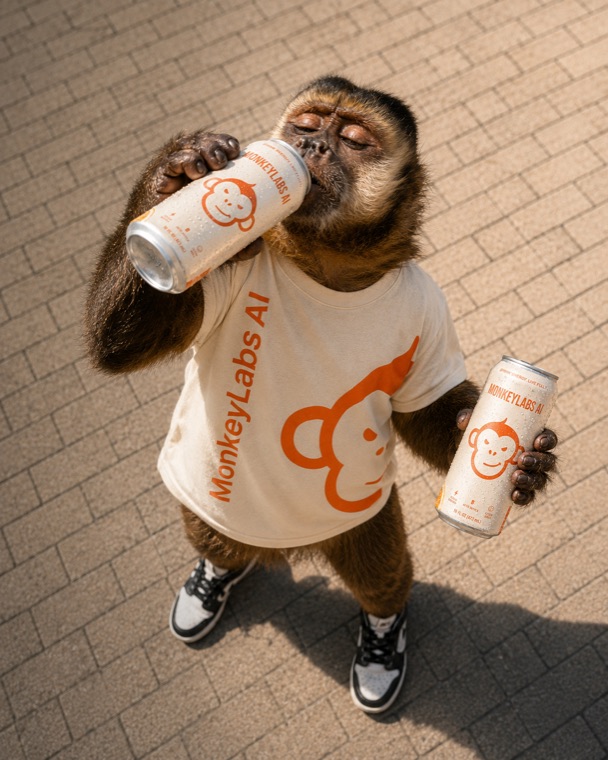 Mono Monkey Labs con tenis y la bebida