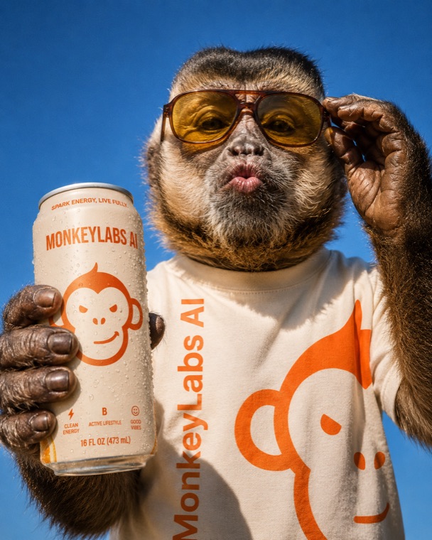 Mono Monkey Labs con gafas y lata de la marca