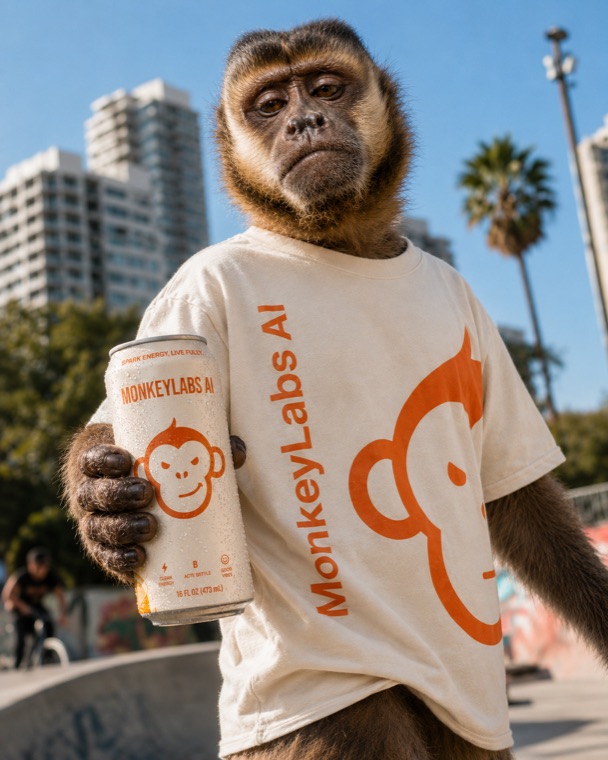 Mono Monkey Labs con camiseta de la marca en el skatepark
